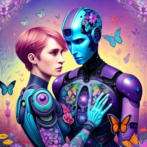 <lora:DesiAEye-Pop-Art-LORA:1> a man and woman in a colorful garden with flowers and butterflies on a purple background with a blue robot, Android Jones, ex machina, afrofuturism, poster art