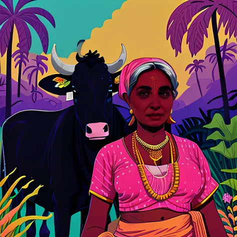 <lora:DesiAEye-Pop-Art-LORA:1> a painting of an Indian woman standing behind a cow in a jungle with palm trees and flowers in the background, Chinwe Chukwuogo-Roy, behance hd, fauvism, an ultrafine detailed painting, nicely drawn eyes, nicely drawn hands