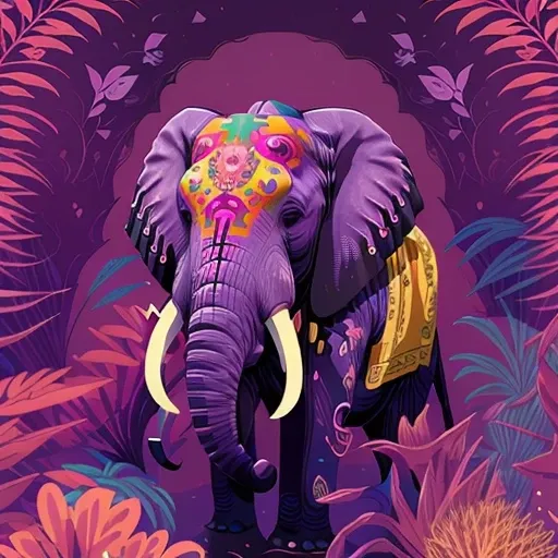 <lora:DesiAEye-Pop-Art-LORA:1> an elephant with a decorative trunk and a purple blanket on its back, with a gold and purple design on its trunk, in a colorful jungle, Android Jones, highly detailed digital painting, neatly drawn, pop surrealism, vector art