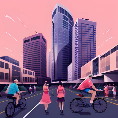 <lora:DesiAEye-Pop-Art-LORA:1> a painting of people walking and riding bicycles in a city with tall buildings and a pink sky in the background, Diego Gisbert Llorens, liam brazier, lyco art, an ultrafine detailed painting