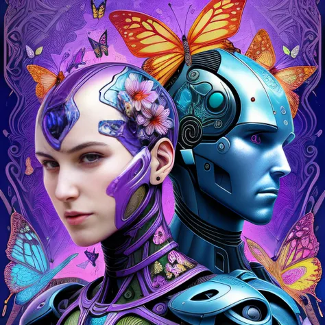 <lora:DesiAEye-Pop-Art-LORA:1> a man and woman in a colorful garden with flowers and butterflies on a purple background with a blue robot, Android Jones, ex machina, afrofuturism, poster art
