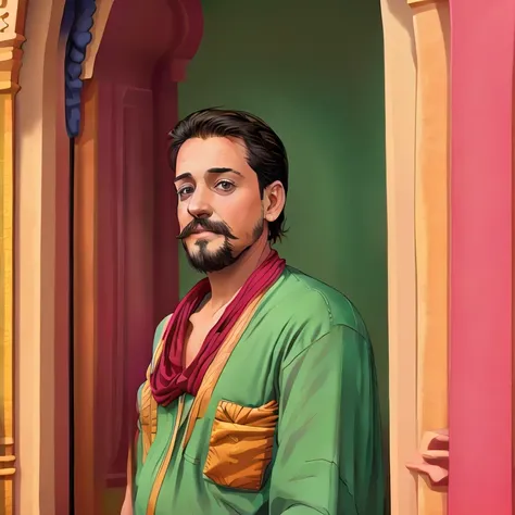 <lora:DesiAEye-Pop-Art-LORA:0.7> illustration, a cartoon of a person, as Aladdin, magical realism, Arabian Nights, orientalism, a storybook illustration, close up
