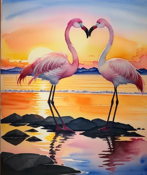 <lora:DesiAEye-Pop-Art-LORA:1> Watercolor painting of two Pink Flamingos dancing gracefully in a summer sunset, with vibrant hues of pink, orange, and purple, (Watercolor, Flamboyant art style, Vibrant colors), award-winning, masterpiece