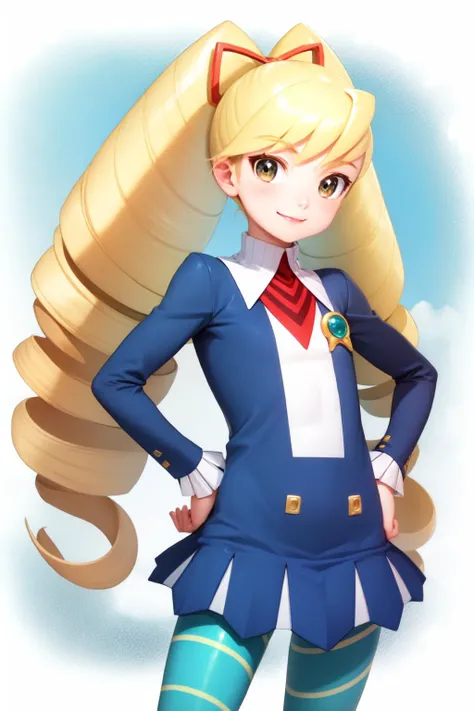 (masterpiece, best quality:1.2), <lyco:mmsf_lunaplatz-11:1.0>, cowboy shot, solo, 1girl, mmplatz, smile, looking at viewer, hands on hips, twintails, twin drills, dress, blue pantyhose, striped pantyhose
