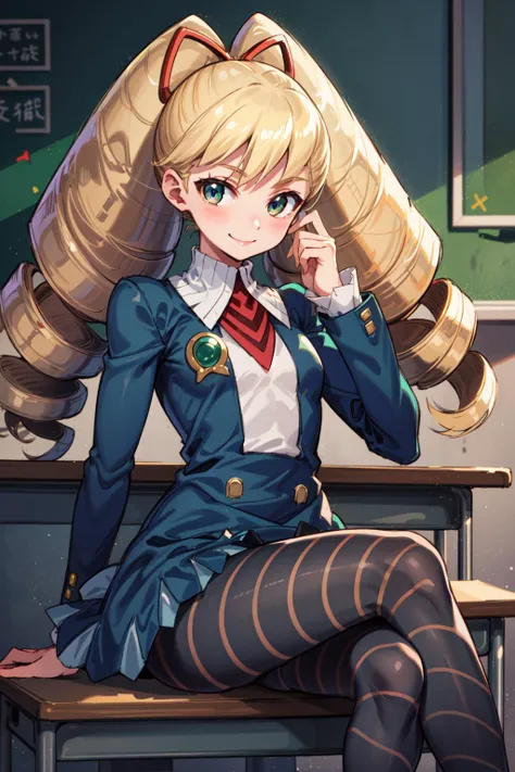 masterpiece,best quality,1girl,mmplatz,twintails,(twin drills),blonde hair,smile,dress,blue pantyhose,striped pantyhose,sitting on desk,crossed legs,classroom,<lora:mmsf_lunaplatz:1>,