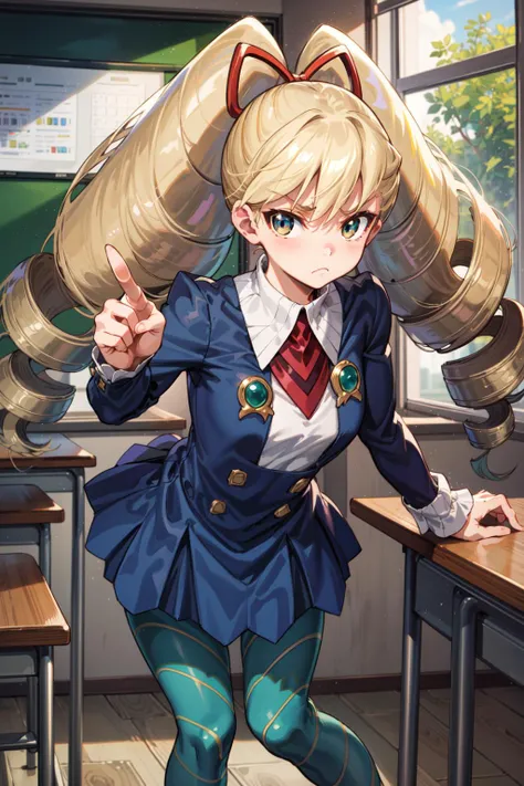 masterpiece,best quality,1girl,mmplatz,twintails,(twin drills),blonde hair,light frown,dress,blue pantyhose,striped pantyhose,leaning forward,pointing at viewer,classroom,pov,<lora:mmsf_lunaplatz:1>,