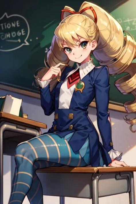 masterpiece,best quality,1girl,mmplatz,twintails,(twin drills),blonde hair,smile,dress,blue pantyhose,striped pantyhose,sitting on desk,classroom,<lora:mmsf_lunaplatz:1>,