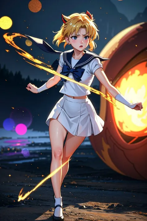 8k, Anime digital manga page, full body close up image, Exquisite, white magic girl Sailor Moon, short blond and red asymmetric hair, magic attack, Resentment emotions, process art movement, Dark Fantasy frost punk style, consciousness-expanding trippy, Mont Perdu background,, (masterpiece), (realistic), 8k, RAW photo, very wide shot, octane render, unreal engine, volumetrics dtx, (film grain, bokeh, blurry foreground)