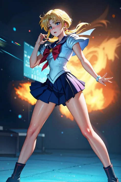 8k, Anime digital manga page, full body close up image, Exquisite, white magic girl Sailor Moon, short blond and red asymmetric hair, magic attack, Resentment emotions, process art movement, Dark Fantasy frost punk style, consciousness-expanding trippy, Mont Perdu background,, (masterpiece), (realistic), 8k, RAW photo, very wide shot, octane render, unreal engine, volumetrics dtx, (film grain, bokeh, blurry foreground)