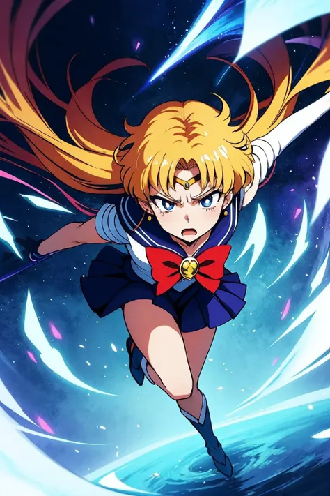 8k, Anime digital manga page, full body close up image, Exquisite, white magic girl Sailor Moon, short blond and red asymmetric hair, magic attack, Resentment emotions, process art movement, Dark Fantasy frost punk style, consciousness-expanding trippy, Mont Perdu background,