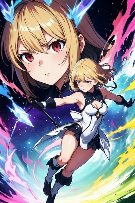 8k, Anime digital page, full body close up image, Exquisite, manga white magic girl, short blond and red symmetric hair, magic attack, Resentment emotions, process art movement, Dark Fantasy frost punk style, consciousness-expanding trippy, Mont Perdu background,