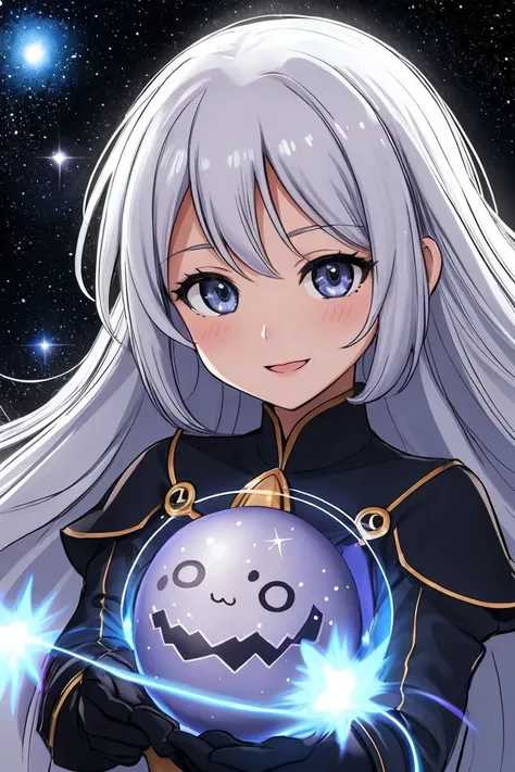 peurto rican woman 25yo, Gray-haired head, singing, smiling, 8k portrait, Queen of Chaos, melting into a magical of stars, beautiful eyes, sketch artstyle, graycale, monochrome,