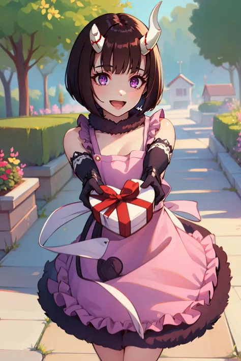 masterpiece, best quality, <lora:Erikoooo108-000022:0.9>, 1girl, eriko, purple eyes, brown hair, blunt bangs, bob cut, horns, pink apron, frilled apron, bare shoulders, elbow gloves, gauntlets, red skirt, fur trim, looking at viewer, :d, IncrsVGiftBoth, incoming gift, outdoors, village, <lora:IncomingValentineGiftPOVTwoHandsV2:1>