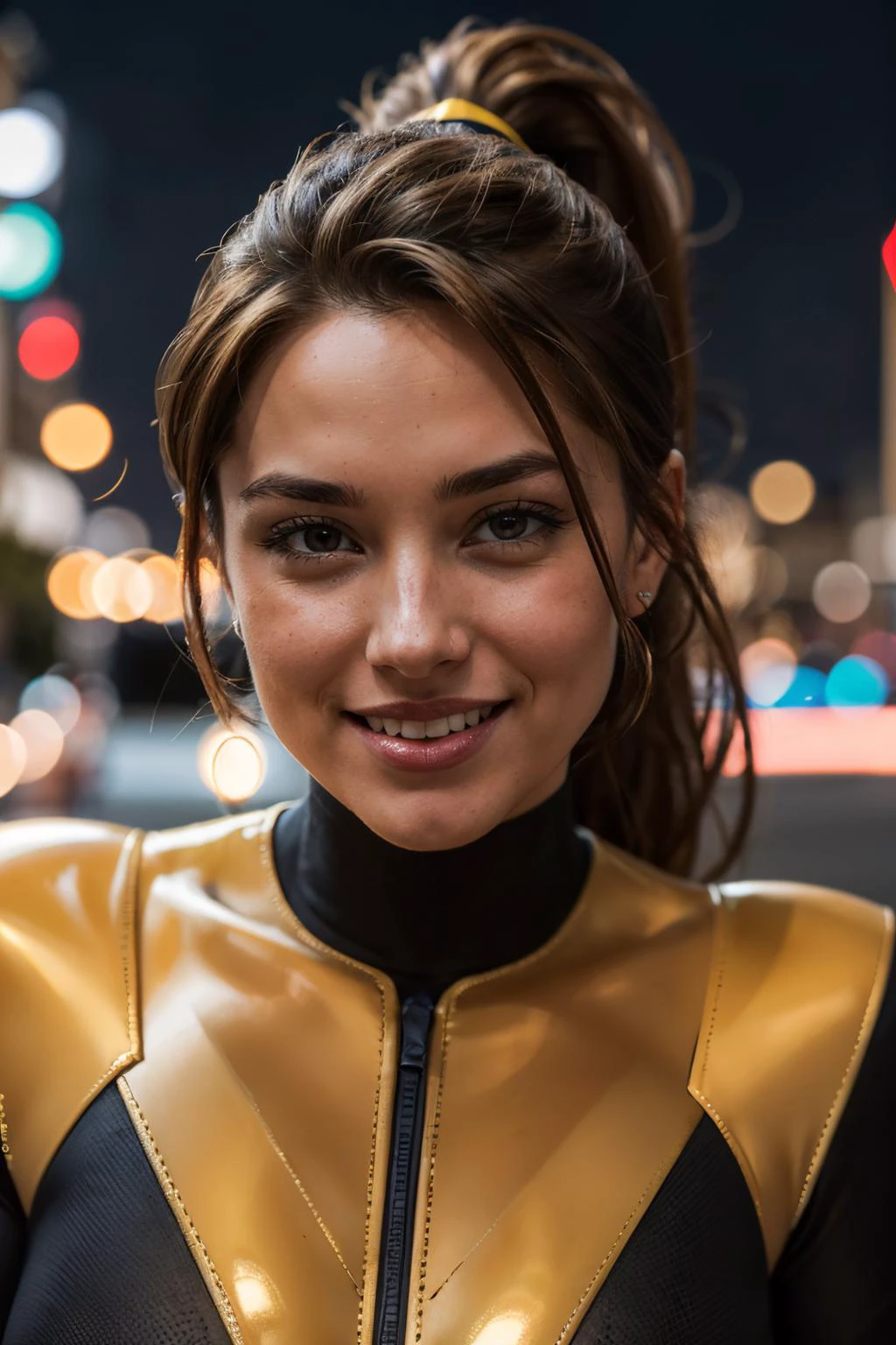 ktpryde,brown eyes, brown hair, ponytail, bodysuit, looking at viewer, smiling, close up face shot, outside, cityscape, night, bokeh, high quality, masterpiece <lora:kitty:.8>