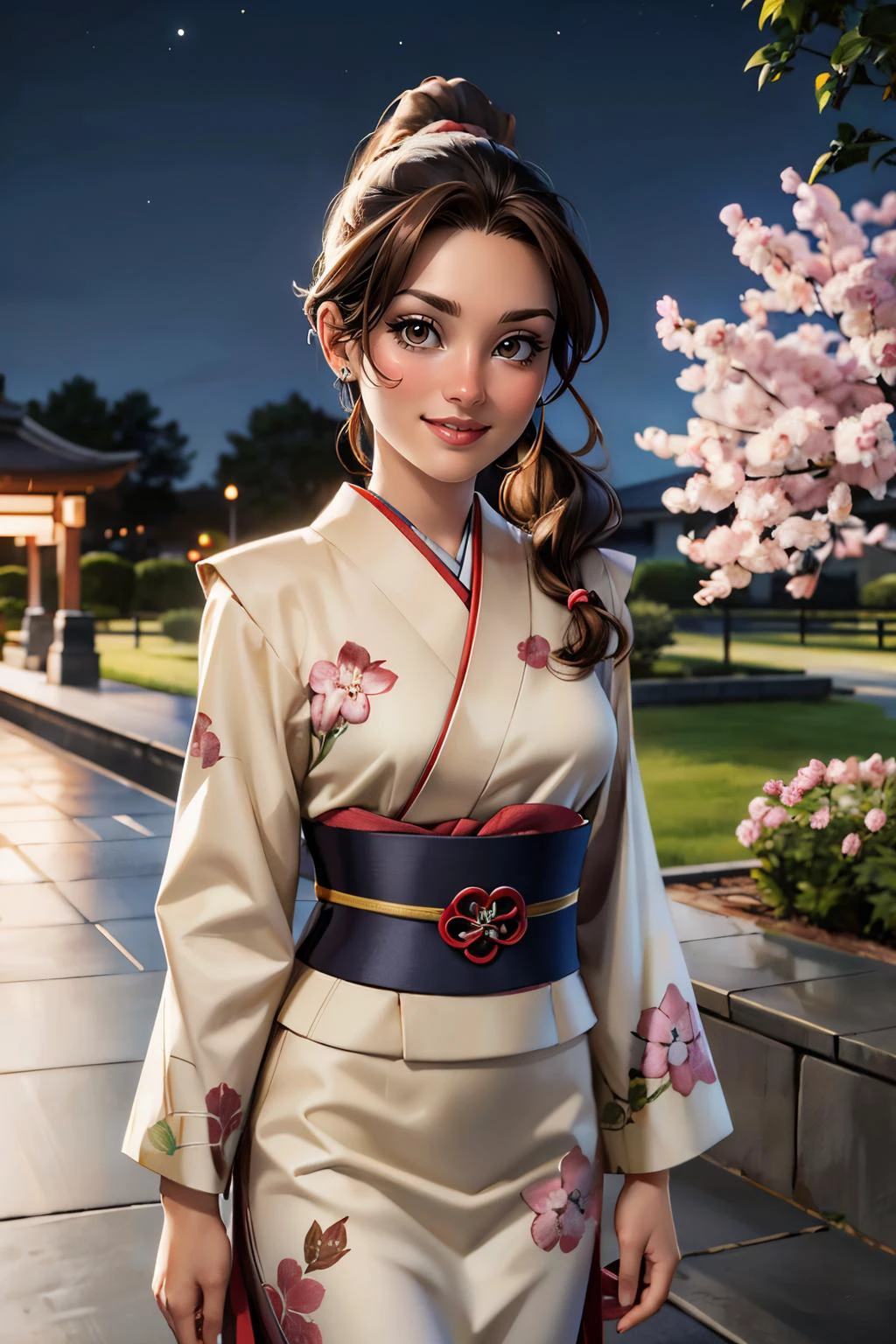 ktpryde,brown eyes, brown hair, ponytail, traditional kimono, sash, long sleeves, looking at viewer, serious, smiling, standing, outside, garden, cherry blossom, night time, high quality, masterpiece <lora:kitty:.8>