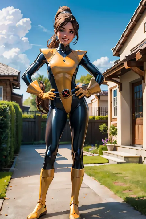 ktpryde,brown eyes, brown hair, ponytail, bodysuit, looking at viewer, smiling, full body shot, standing, hands on hips, outside, backyard, mansion, blue sky,  high quality, masterpiece <lora:kitty:.8>