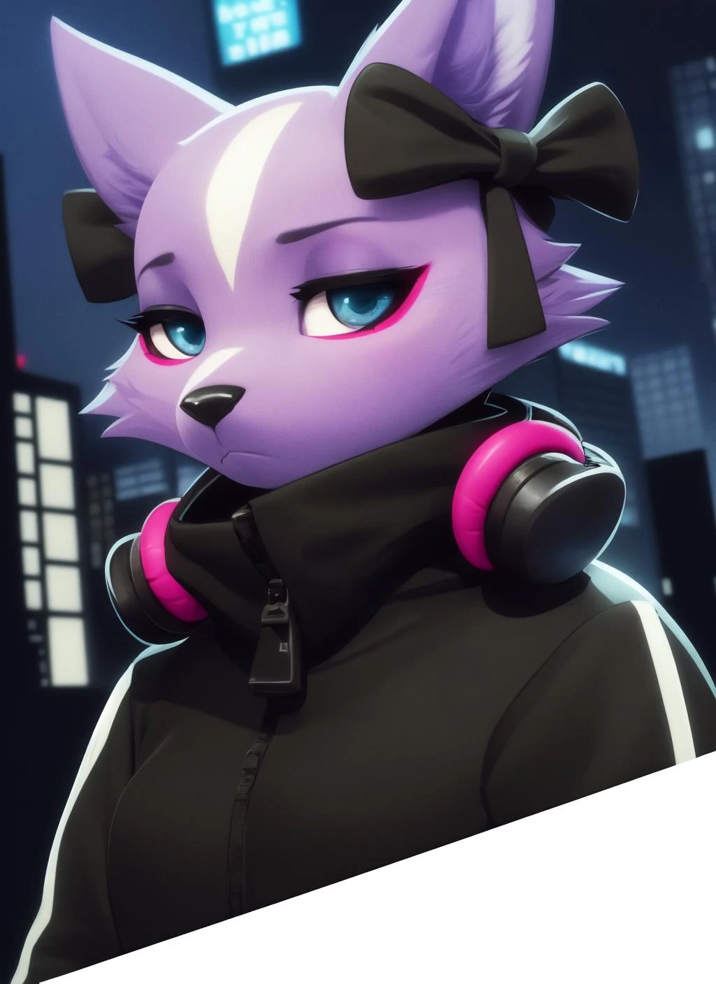 shikabane, furry female anthro, skunk girl, purple fur, portrait, close-up, track jacket, headphones, solo, (body fur:1.2), (best quality), (detailed urban background:1.2), dramatic lighting, (detailed fluffy fur:1.1), looking at viewer, closed mouth, toony, flat color, ear bow ribbon, <lora:shikabane-v1:1>