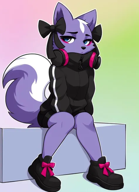 shikabane, furry female anthro, 1girl, purple fur, portrait, standing, shoes,, headphones, solo, (body fur:1.2), (best quality),beach simplified background, (detailed fluffy fur:1.1), looking at viewer, closed mouth, cartoon, thick outline, toony, flat color, ear bow ribbon, tail, bored, (half-closed eyes:1.2), flashing boobs,,vagina,beach,shy,embarrased,looking away,squatting,smoking a cigarette