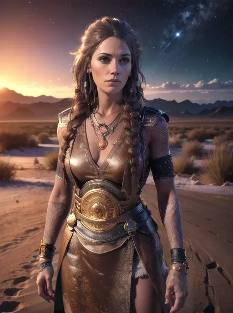 Freya, arm tattoos, portrait, dress, perfect breasts, award-winning, standing in desert, at night, (8k, RAW photo, best quality, masterpiece:1.2),ultra-detailed, (high detailed skin:1.2), 8k uhd, dslr, soft lighting, high quality, <lora:Freya_GoWR_v2:0.7>