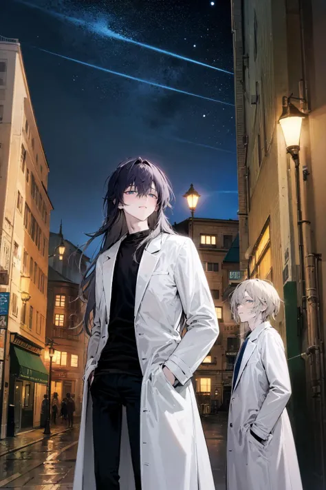 masterpiece, best quality, extremely detailed, detailed background, detailed face, 2boys, male focus, multiple boys, coat, night, building, outdoors, lamppost, pants, blonde hair, low-tied long hair, city, hands in pockets, long sleeves, white coat, night sky, black pants, looking at viewer, standing, grey hair, sky, shirt, very long hair, black hair