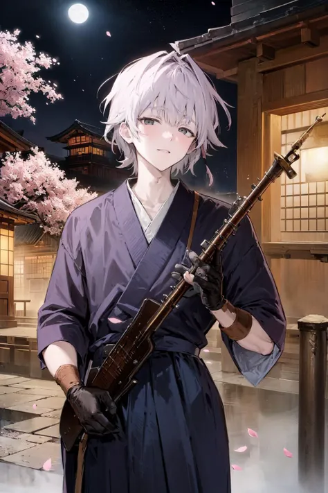masterpiece, best quality, extremely detailed, detailed background, detailed face, blunt bangs, 1boy, male focus, solo, instrument, short hair, japanese clothes, east asian architecture, holding, night, cherry blossoms, looking at viewer, architecture, gloves, flute, outdoors, holding instrument, sky, hakama, grey hair, wide sleeves, night sky, petals, skirt, black hakama, kimono, black gloves, flower, long sleeves, grey eyes, playing instrument, building