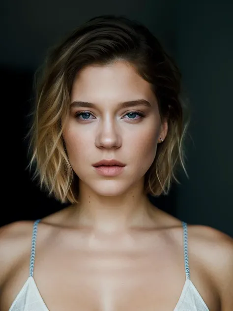 A beautiful l34s3y woman, 1girl,solo,looking at viewer,short hair,blue eyes,blonde hair,brown hair,parted lips,lips,portrait,realistic,soft lighting, professional Photography, Photorealistic, detailed, RAW, analog, sharp focus, 8k, HD, high quality, masterpiece<lora:l34s3y:1.0>
