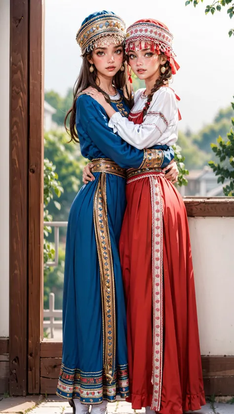 2girls, 2teens, front, standing, full body, hugging, <lora:Ruswomandress:1> national dress, <lora:add_detail:0.2>
