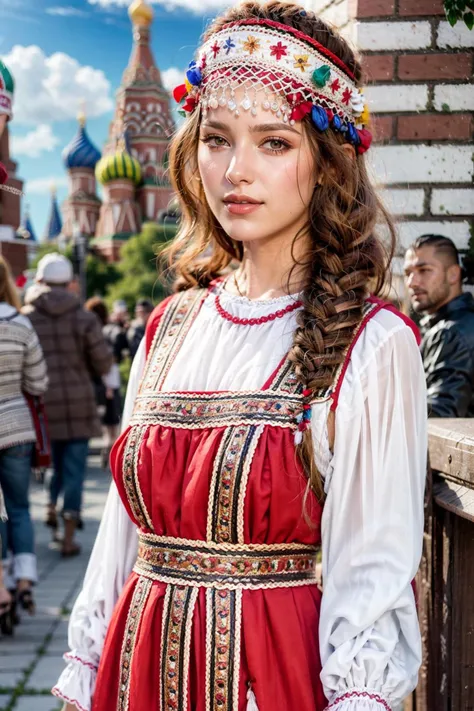 (realistic:1.3), finely detailed, quality, rembrandt lighting, (masterpiece:1.2), (photorealistic:1.2), (best quality), (detailed skin:1.3), (intricate details), dramatic, ray tracing, 1girl, russian girl, 21 years old, detailed skin texture, (blush:0.5), (goosebumps:0.5), subsurface scattering, smiling, medium breasts, short hair curls, blonde hair, bangs, hair between eyes, headdress, red national dress, (bright sunny day, outdoors, moscow, red square, saint basil's cathedral, sky), <lora:Ruswomandress:1>