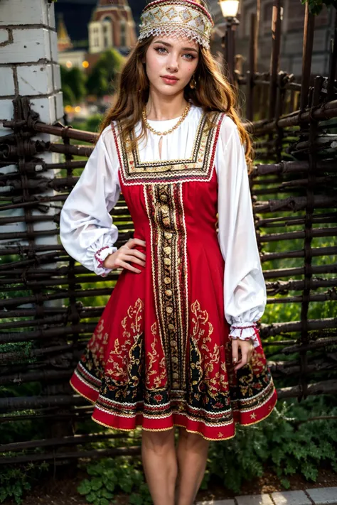 (realistic:1.3), finely detailed, quality, rembrandt lighting, (masterpiece:1.2), (photorealistic:1.2), (best quality), (detailed skin:1.3), (intricate details), dramatic, ray tracing, 1girl, russian girl, 21 years old, detailed skin texture, (blush:0.5), (goosebumps:0.5), subsurface scattering, smiling, medium breasts, short hair curls, blonde hair, bangs, hair between eyes, headdress, red national dress, cowboy shot, (bright sunny day, outdoors, moscow, red square, saint basil's cathedral, sky), <lora:Ruswomandress:1>