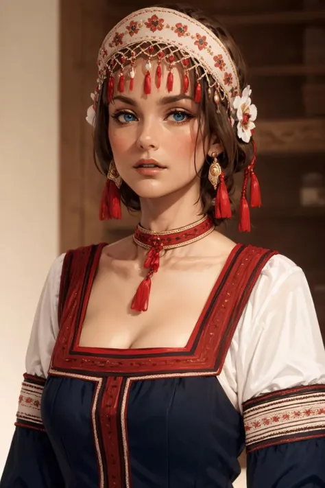 (mature woman:1.3), solo, adult, blonde hair, blue eyes, black national dress, open neckline, (high quality), (best quality), (detailed), perfect lighting, detailed face, detailed body, <lora:Ruswomandress:1>,