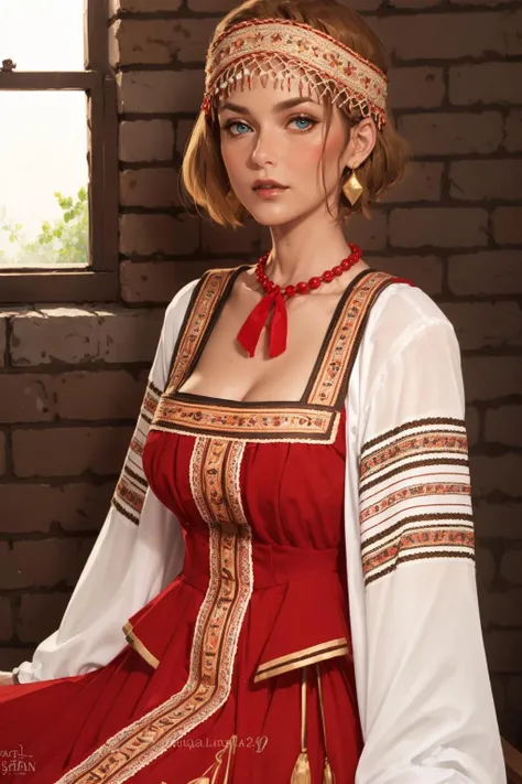 (mature woman:1.3), solo, adult, blonde hair, blue eyes, red national dress, open neckline, sitting, (high quality), (best quality), (detailed), perfect lighting, detailed face, detailed body, <lora:Ruswomandress:1>,