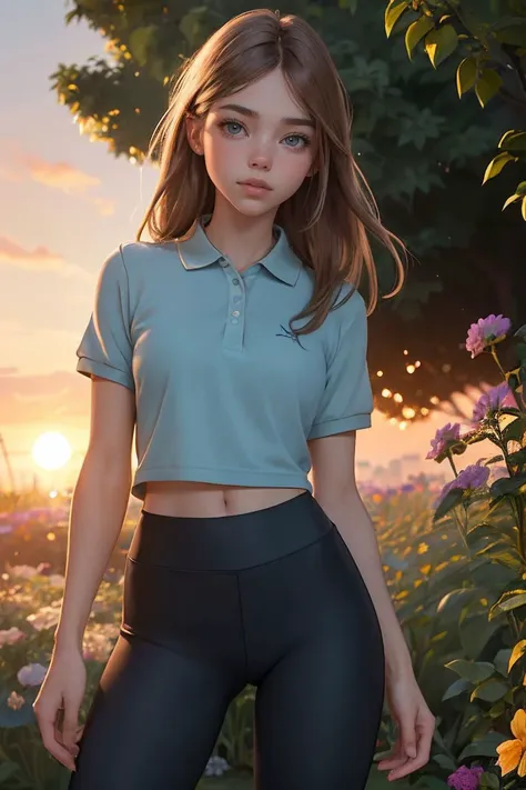 photo of S329_DaryaYanchik,a stylish woman,in a (garden:1.1),wearing a (polo-shirt:1.1),(shorts and leggings),(sunset),(4k, RAW photo, best quality, depth of field, ultra high res:1.1),(absurdres, intricate, photorealistic, masterpiece, ultra-detailed:1.1),