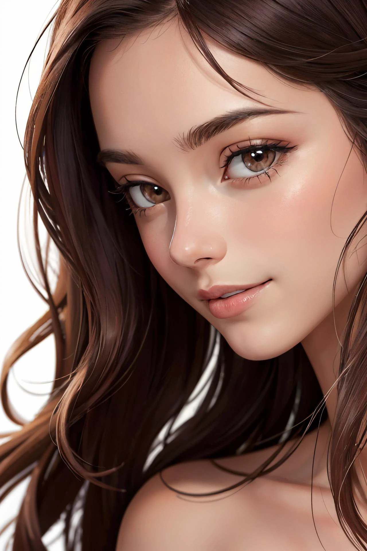 (nude:1.4), official art, masterpiece, best quality, unity 8k wallpaper, photorealistic, ultra detailed, extremely detailed, elegant, beautiful, aesthetic, romanticism, 1girl, beauty, small face, smile, pale skin, (brown eyes), black long hair, (hair blowing in the wind), ((detailed long hair)), front shot, (close up:1.6), face focus, (white background:1.4), <lora:FilmG3:0.2>