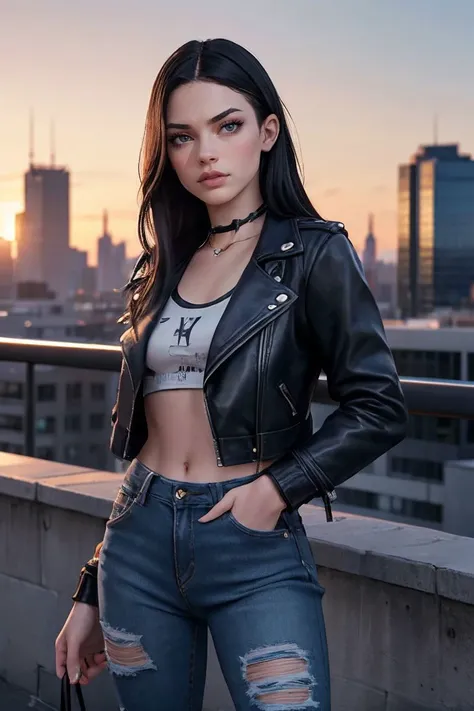 photo of S333_ChloeHeart,a stylish woman,in a (city:1.1),wearing a (blue-leather-jacket:1.1),(dark-jeans),(sunset),(4k, RAW photo, best quality, depth of field, ultra high res:1.1),(absurdres, intricate, photorealistic, masterpiece, ultra-detailed:1.1),