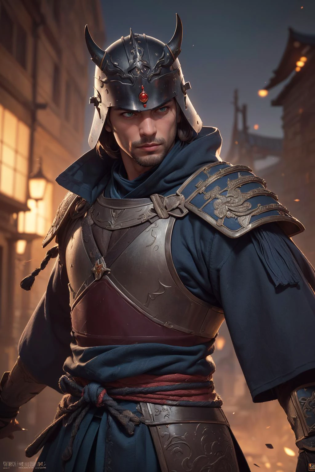 8K, HDR, highres, absurdres, blurry background, bokeh, Photography, (RAW photo:1.2), (photorealistic:1.4), (masterpiece:1.3), (intricate details:1.2), (best quality:1.4), (ultra highres:1.2), cinema light, (extreme detailed illustration), (depth of field, caustics, Broad lighting, natural shading, 85mm, f/1.4, ISO 200, 1/160s:0.75), <lora:detail_slider_v4:0.8>,
(1man, muscular adult russian male:1.2), green eyes, dark brown hair, comb over,
<lora:GoodHands-beta2:0.8>,
solo, upper body, looking down, detailed background, detailed face, (high fantasy medieval theme:1.1), samurai, dark blue samurai armor, samurai helmet, dynamic pose, bushido, banner in background, cinematic atmosphere,