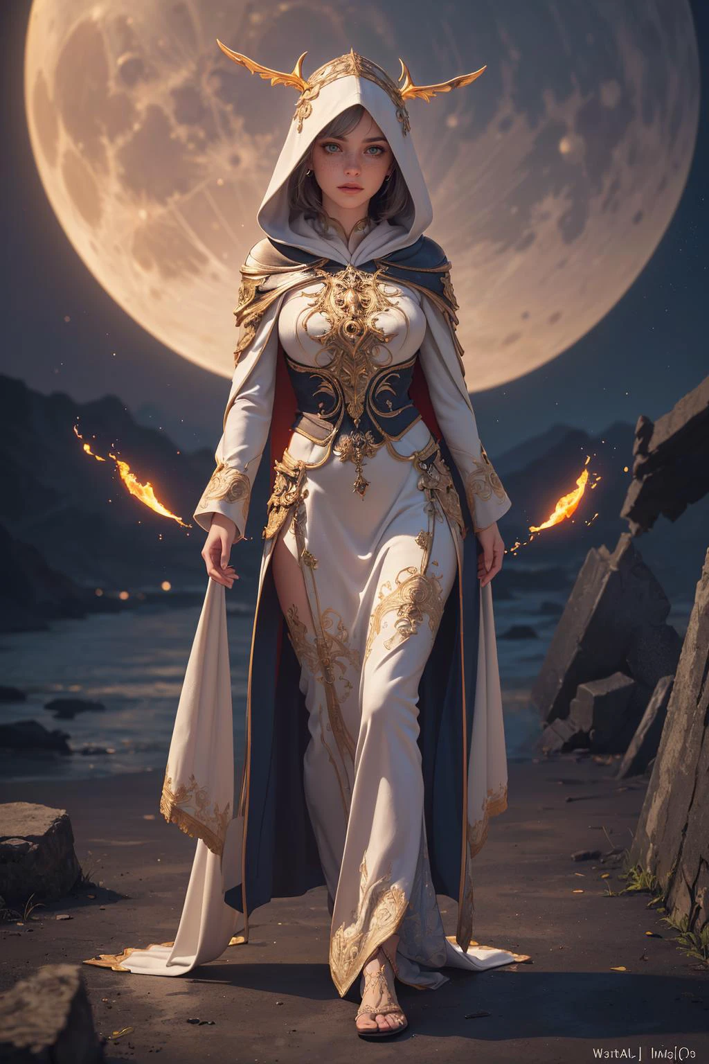 8K, HDR, highres, absurdres, blurry background, bokeh, Photography, (RAW photo:1.2), (photorealistic:1.4), (masterpiece:1.3), (intricate details:1.2), (best quality:1.4), (ultra highres:1.2), cinema light, (extreme detailed illustration), (depth of field, caustics, Broad lighting, natural shading, 85mm, f/1.4, ISO 200, 1/160s:0.75), <lora:detail_slider_v4:0.8>,
1 girl, adult (elven:0.7) woman, freckles, green eyes, silver wedge cut hair,
<lora:GoodHands-beta2:0.8>,
(style-swirlmagic:0.8), solo, (full body:0.6), looking away, detailed background, detailed face, ( theme:1.1), glowing eyes, emissary of the moon, dynamic pose, white streaks in hair, white hooded ritual priest robes, moonshroud, lunar halo, , moonlit crystals, , wisps of lunar energy, , eerie glow, channeling mystical lunar energy, lunar eclipse, gentle night breeze, moonlit ruins in background, ethereal dark atmosphere,