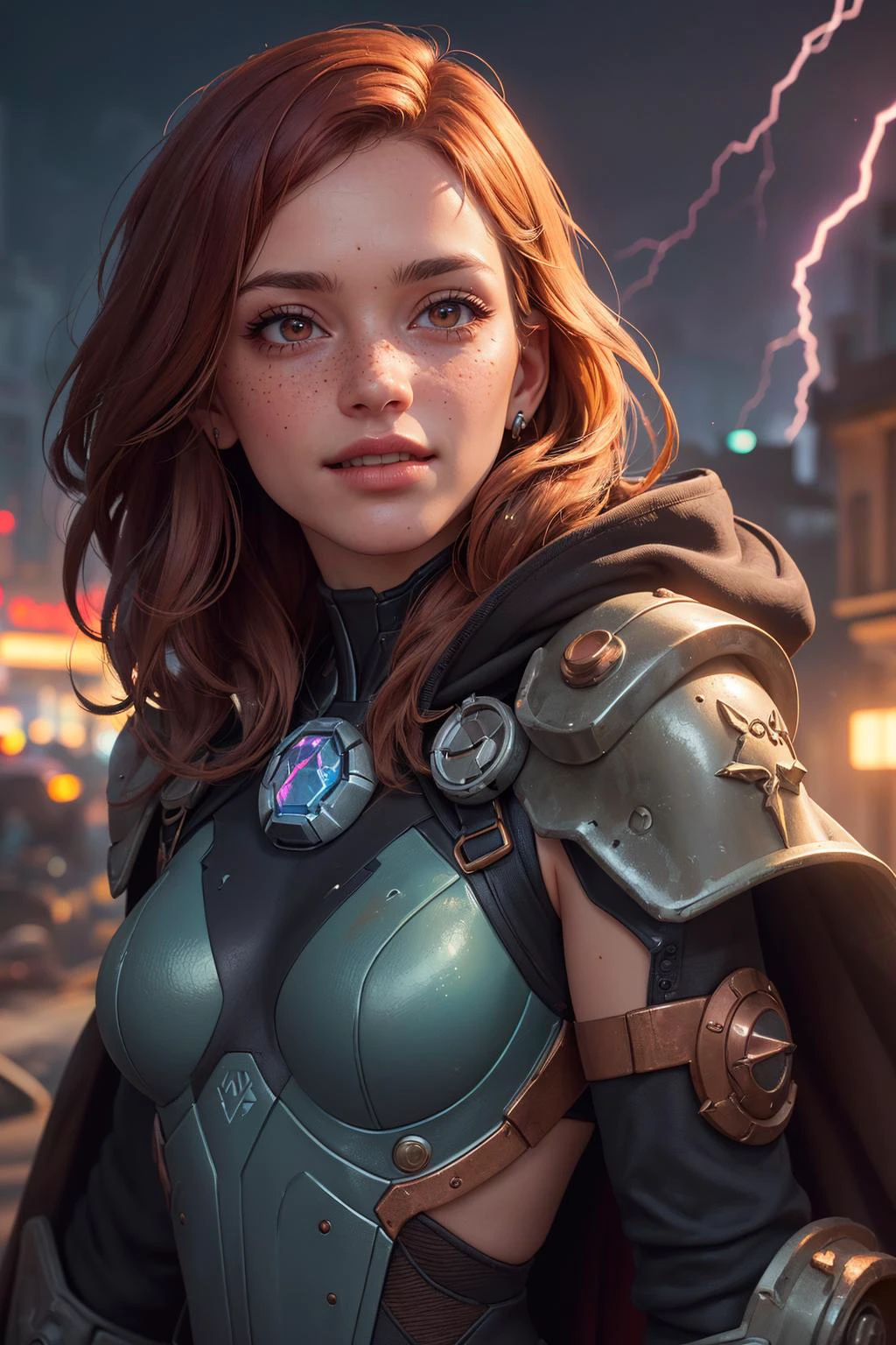 8K, HDR, highres, absurdres, blurry background, bokeh, Photography, (RAW photo:1.2), (photorealistic:1.4), (masterpiece:1.3), (intricate details:1.2), (best quality:1.4), (ultra highres:1.2), cinema light, (extreme detailed illustration), (depth of field, caustics, Broad lighting, natural shading, 85mm, f/1.4, ISO 200, 1/160s:0.75), <lora:detail_slider_v4:0.8>,
1 girl, adult (elven:0.7) woman, freckles, red eyes, copper hair flaps, ombre,
<lora:GoodHands-beta2:0.8>,
(style-rustmagic:0.8), solo, upper body, looking up, detailed background, detailed face, (fallout theme:1.1), grinning, techno-mage, technomancer, movement, technology, melding of spellcraft and mechanics, engineering gear, implants, mystical crystals, cape, ancient lights, mystical energy core, mystical aura, fantasy city in background, , lightning, storm, glowing lights,