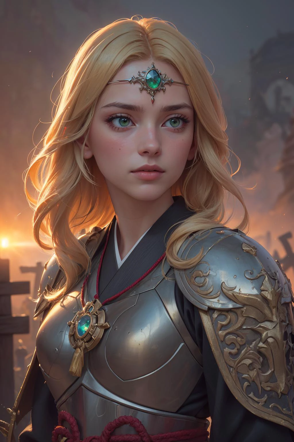 8K, HDR, highres, absurdres, blurry background, bokeh, Photography, (RAW photo:1.2), (photorealistic:1.4), (masterpiece:1.3), (intricate details:1.2), (best quality:1.4), (ultra highres:1.2), cinema light, (extreme detailed illustration), (depth of field, caustics, Broad lighting, natural shading, 85mm, f/1.4, ISO 200, 1/160s:0.75), <lora:detail_slider_v4:0.8>,
1 girl, adult (elven:0.7) woman, jade eyes, yellow shag hair, ombre,
<lora:GoodHands-beta2:0.8>,
portrait, looking away, solo, upper body, detailed background, (feudal japan theme:1.1), stoic expression, paladin, praying, floating wisps, green battleworn light armor, circlet, divine ray of light, surrounded by heavenly aura, religious amulet, sunshine, illuminated by beacon of light, reflections, blasted graveyard, intense atmosphere, protective divine barrier,