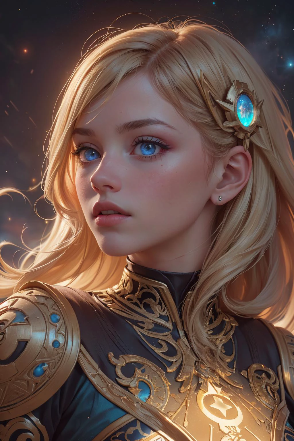 8K, HDR, highres, absurdres, blurry background, bokeh, Photography, (RAW photo:1.2), (photorealistic:1.4), (masterpiece:1.3), (intricate details:1.2), (best quality:1.4), (ultra highres:1.2), cinema light, (extreme detailed illustration), (depth of field, caustics, Broad lighting, natural shading, 85mm, f/1.4, ISO 200, 1/160s:0.75), <lora:detail_slider_v4:0.8>,
1 girl, adult german woman, light blue eyes, natural blonde twin drills hair, ombre,
<lora:GoodHands-beta2:0.8>,
Style-GravityMagic, portrait, solo, half shot, looking away, detailed background, detailed face, (tribal aztec theme:1.1) (glowing eyes:1.05), starfarer, zodiac, horoscope, mythical, scorpio, geometric patterns, astral power, galaxies, glow, shine, weightlessness, stardust, cosmic space background, dreamlike ethereal atmosphere,
