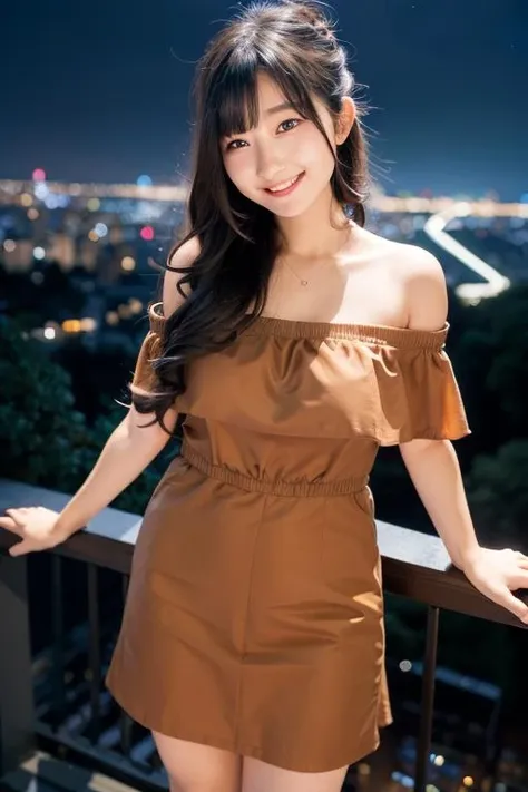 1girl, (wearing a off-the-shoulder dress:1.4),(RAW photo, best quality), (realistic, photo-realistic:1.4), masterpiece, an extremely delicate and beautiful, extremely detailed, 2k wallpaper, Amazing, finely detail, extremely detailed CG unity 8k wallpaper, ultra-detailed, highres, soft light, beautiful detailed girl, extremely detailed eyes and face, beautiful detailed nose, beautiful detailed eyes,cinematic lighting,(in the city at night:1.8),perfect anatomy,slender body,smiling,(close up:1.6),(look at viewer),(front view:2.0),cinematic angle,(cleavage:0.6),(smooth long hair:1.8),(brown eyes:1.6), <lora:setomomoko_lora-03:0.8>