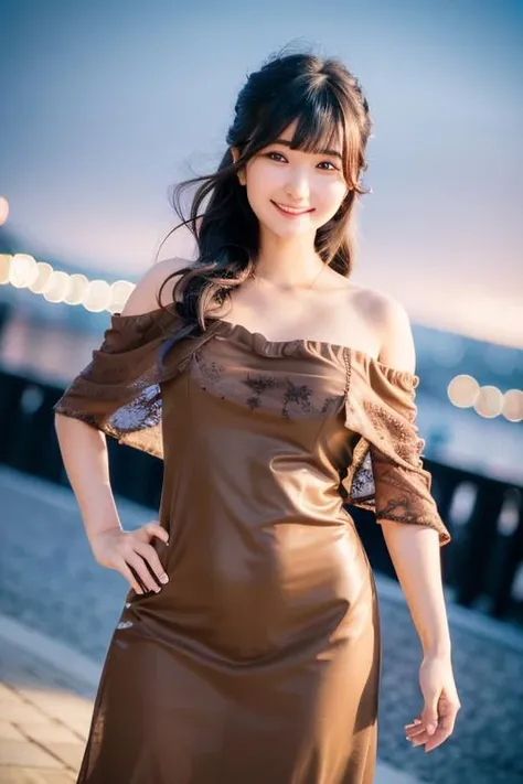 1girl, (wearing a off-the-shoulder dress:1.4),( one hand on one's hip:1.8),(RAW photo, best quality), (realistic, photo-realistic:1.4), masterpiece, an extremely delicate and beautiful, extremely detailed, 2k wallpaper, Amazing, finely detail, extremely detailed CG unity 8k wallpaper, ultra-detailed, highres, soft light, beautiful detailed girl, extremely detailed eyes and face, beautiful detailed nose, beautiful detailed eyes,cinematic lighting,(in the city at night:1.4),perfect anatomy,slender body,smiling,(close up:1.6),(look at viewer),(front view:2.0),cinematic angle,(cleavage:0.6),(smooth long hair:1.8),(brown eyes:1.6), <lora:setomomoko_lora-03:0.8>