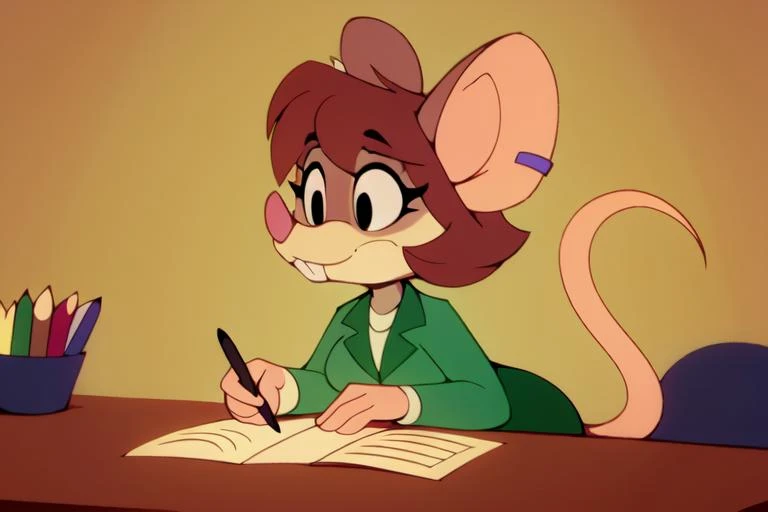 1girl, (anthro furry:1.4), SDJuliaMouse, (mouse, snout, buckteeth, ear piercing, notched ear), (green pencil skirt, green jacket, blouse), (sitting, oval office, desk, holding pen), (by wildblur), ((best quality:1.4), highres, crisp clean), <lora:Julia_-_Pinky__the_Brain:0.85>