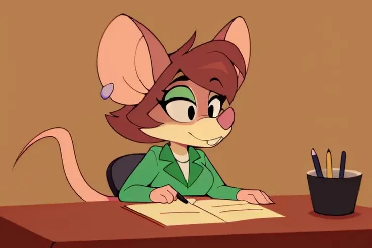 1girl, (anthro furry:1.4), SDJuliaMouse, (mouse, snout, buckteeth, ear piercing, notched ear), (green pencil skirt, green jacket, blouse), (sitting, oval office, desk, holding pen), (by wildblur), ((best quality:1.4), highres, crisp clean), <lora:Julia_-_Pinky__the_Brain:0.85>
