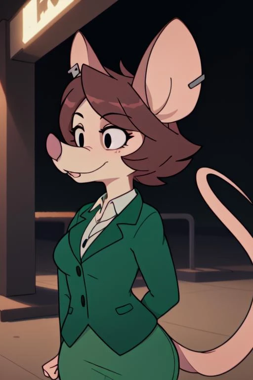 1girl, (anthro furry:1.4), SDJuliaMouse, (mouse, snout, ear clip, buckteeth), (green pencil skirt, green jacket, blouse), <lora:Julia_-_Pinky__the_Brain:0.85>, ((best quality:1.4), highres, crisp clean)