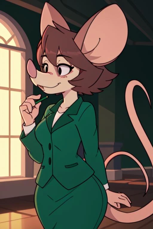 1girl, (anthro furry:1.4), SDJuliaMouse, (mouse, snout, buckteeth, ear piercing, notched ear), (green pencil skirt, green jacket, blouse), <lora:Julia_-_Pinky__the_Brain:0.85>, ((best quality:1.4), highres, crisp clean)
