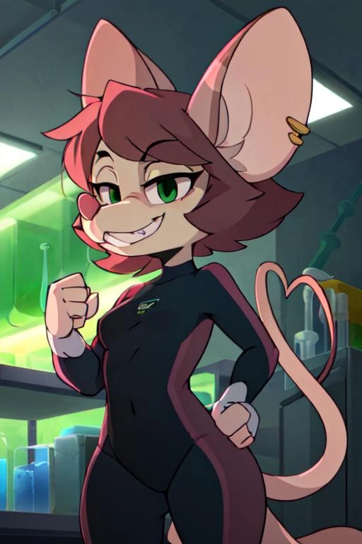 1girl, (anthro furry:1.4), SDJuliaMouse, (mouse, snout, buckteeth, ear piercing, notched ear), (bodysuit, evil grin, constricted pupils, fist,  green eyeshadow), (standing, laboratory), (by wildblur), ((best quality:1.4), highres, crisp clean), <lora:Julia_-_Pinky__the_Brain:0.85>