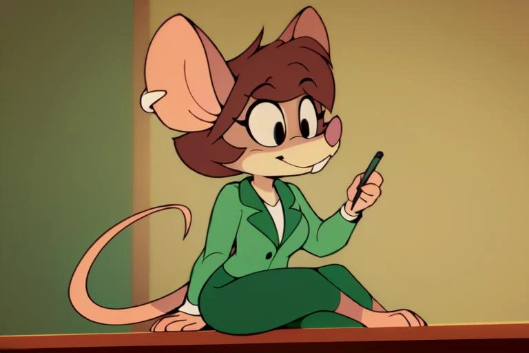 1girl, (anthro furry:1.4), SDJuliaMouse, (mouse, snout, buckteeth, ear piercing, notched ear), (green pencil skirt, green jacket, blouse), (sitting, oval office, desk, holding pen), (by wildblur), ((best quality:1.4), highres, crisp clean), <lora:Julia_-_Pinky__the_Brain:0.85>