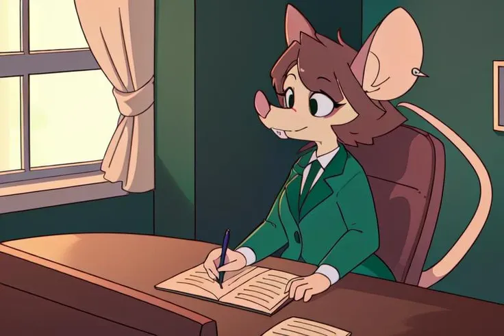1girl, (anthro furry:1.4), SDJuliaMouse, (mouse, snout, buckteeth, ear piercing, notched ear), (green pencil skirt, green jacket, blouse), (sitting, oval office, desk, holding pen), ((best quality:1.4), highres, crisp clean), <lora:Julia_-_Pinky__the_Brain:0.85>