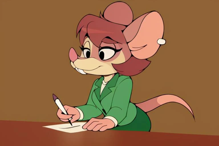 1girl, (anthro furry:1.4), SDJuliaMouse, (mouse, snout, buckteeth, ear piercing, notched ear), (green pencil skirt, green jacket, blouse), (sitting, oval office, desk, holding pen), (by wildblur), ((best quality:1.4), highres, crisp clean), <lora:Julia_-_Pinky__the_Brain:0.85>