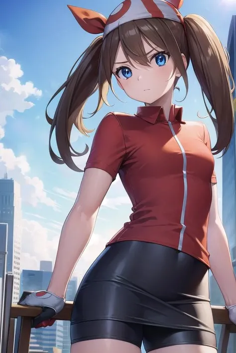 pokemonmay, <lora:pokemonmay-lora-nochekaiser:1>,
pokemonmay, blue eyes, brown hair, bandana, long hair, red bandana, twintails, hair between eyes, (small breasts:1.2),
BREAK bike shorts, collared shirt, gloves, microskirt, multicolored shirt, pencil skirt, red shirt, shirt, short sleeves, skirt, white skirt,
BREAK looking at viewer, upper body, full body,
BREAK outdoors, city, sky, sun,
BREAK <lyco:GoodHands-beta2:1>, (masterpiece:1.2), best quality, high resolution, unity 8k wallpaper, (illustration:0.8), (beautiful detailed eyes:1.6), extremely detailed face, perfect lighting, extremely detailed CG, (perfect hands, perfect anatomy),